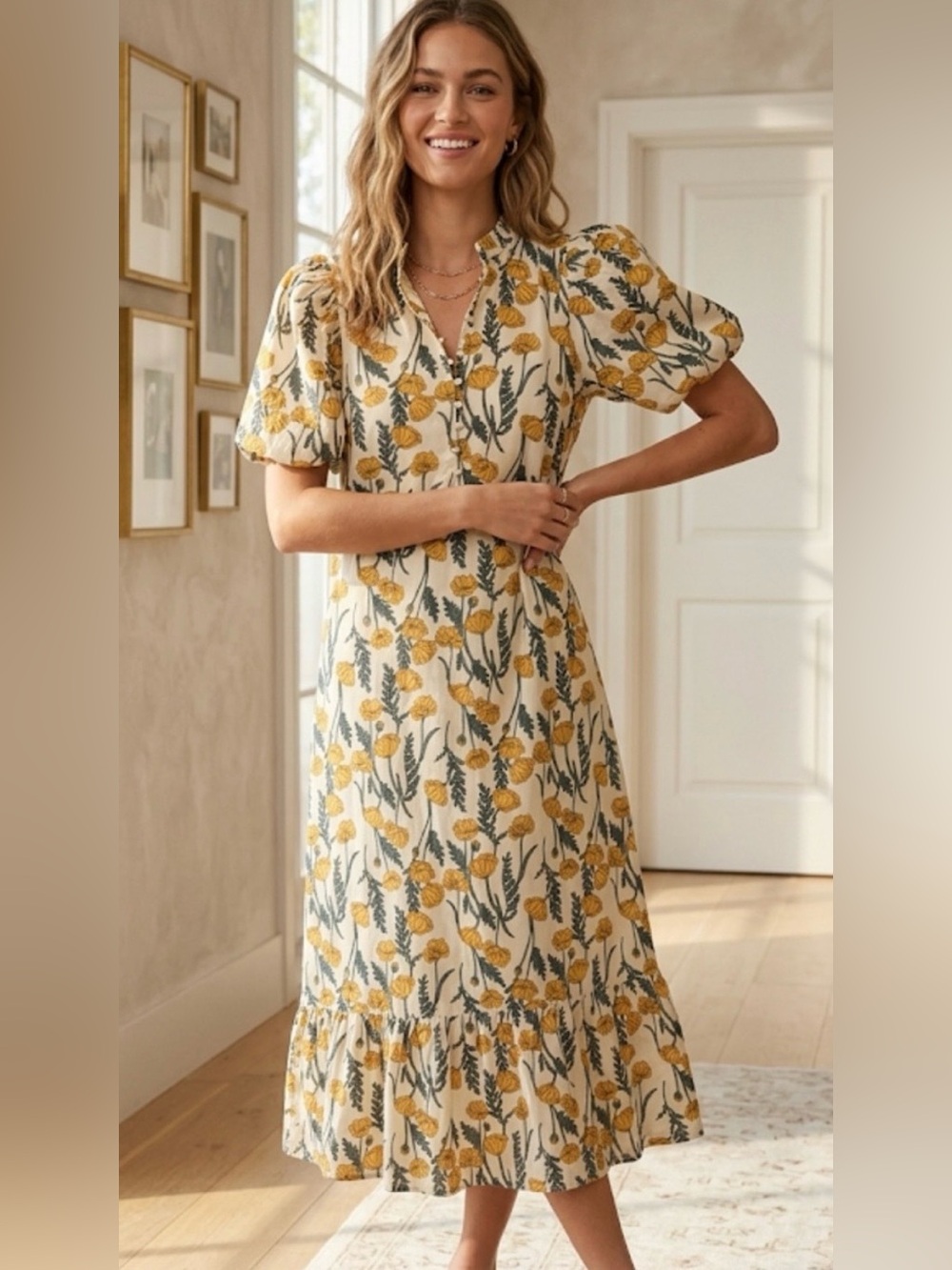 Hyacinth House White/Yellow Floral Print Short Puff Sleeve Maxi Dress- NWT Sz L